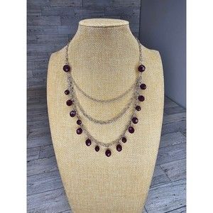 Purple Plum Bead and Silver Tone Chain Layered Necklace 17"L + 2.5"Ext.